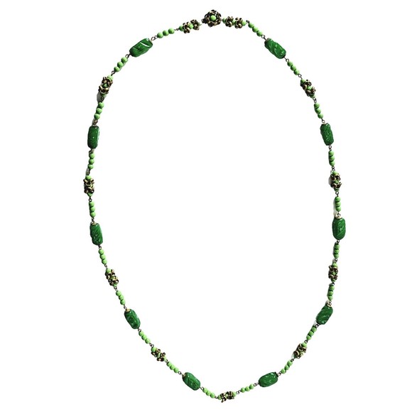 Art Deco Jadeite Beaded Necklace 36" Gold Tone VTG VGC! - Picture 2 of 10